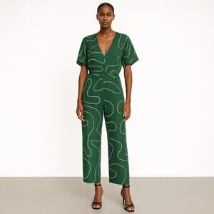 Ali Golden Women's Green Gold Silk Abstract Short Sleeve V Neck Crop Jumpsuit S